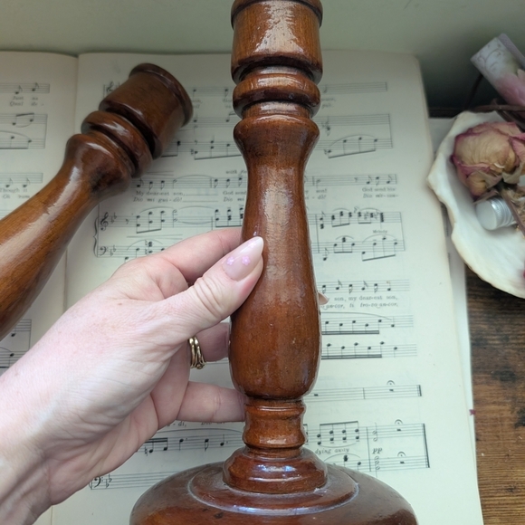 Vintage Pair Brown Wooden Candle Holders - Picture 2 of 7